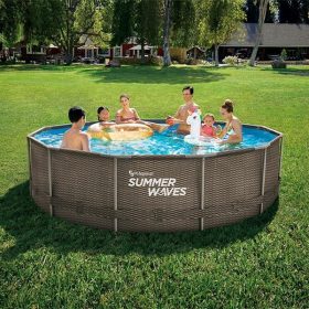   Fémlábas medence szett - 366 cm átmérő, 91 cm magas RATTAN mintás + vízforgató + papírszűrő + létra + fedő Summer Waves