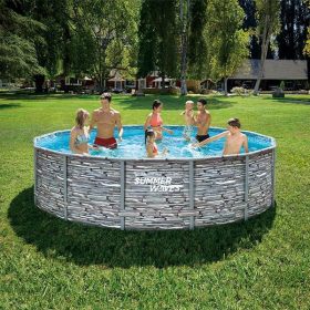   Fémlábas medence szett -  427 cm átmérő, 107 cm magas, TERMÉSKŐ mintás, belül KÉK MOZAIK minta + vízforgató papírszűrő + létra + aljtakaró + fedő