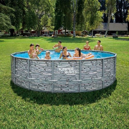 Fémlábas medence 488 cm átmérő, 122 cm magas, TERMÉSKŐ mintás, belül KÉK MOZAIK minás + víztisztító + létra + aljtakaró + fedő +